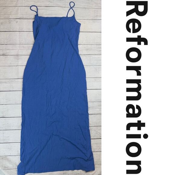 Reformation Ribbed Knit Midi Dress with Spaghetti Straps Stretch Blue Size Large - Picture 2 of 6